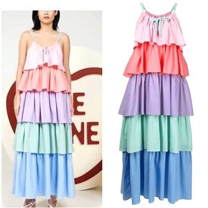 Olivia Rubin Pastel Rainbow Tiered Cotton Maxi Dress XS - Revolve Summer